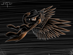 Size: 1280x960 | Tagged: safe, artist:setharu, oc, oc only, oc:calamity, pegasus, pony, fallout equestria, dark, flying, frown, hat, male, signature, solo, speedpaint, spread wings, stallion, wings