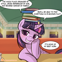 Size: 750x750 | Tagged: safe, artist:lumineko, twilight sparkle, twilight sparkle (alicorn), alicorn, pony, the saddle row review, adorkable, bedroom eyes, book, cute, dialogue, dork, female, grin, mare, patreon, patreon logo, scene interpretation, solo, speech bubble, that pony sure does love organization, twiabetes