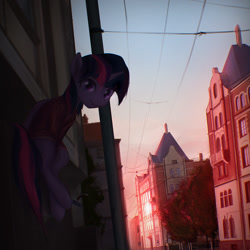 Size: 1200x1200 | Tagged: dead source, safe, artist:exeini, twilight sparkle, twilight sparkle (alicorn), alicorn, pony, chromatic aberration, city, clothes, cute, female, looking at you, mare, moscow, power line, scenery, scenery porn, sitting, solo, town, twiabetes, wires