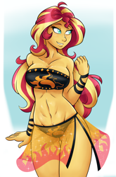 Size: 1996x3020 | Tagged: safe, artist:ambris, sunset shimmer, equestria girls, abs, bandeau, belly button, bicolor swimsuit, big breasts, bikini, black swimsuit, breasts, cleavage, clothes, cutie mark swimsuit, female, jeweled swimsuit, long hair, sarong, sexy, smiling, solo, summer sunset, sunset jiggler, swimsuit, thigh gap, underass