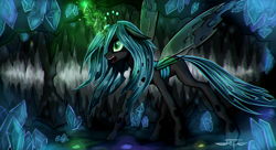 Size: 1840x1000 | Tagged: safe, artist:setharu, queen chrysalis, changeling, changeling queen, cave, crystal, magic, open mouth, solo