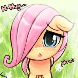 Size: 750x750 | Tagged: safe, artist:lumineko, fluttershy, pegasus, pony, :o, bronybait, crying, cute, daaaaaaaaaaaw, diabetes, filly fluttershy, floppy ears, hair over one eye, hnnng, hug request, hugs needed, looking at you, lumineko is trying to murder us, open mouth, sad, shyabetes, signature, solo, stahp, talking, weapons-grade cute, younger