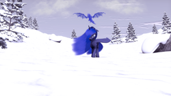 Size: 2560x1440 | Tagged: safe, artist:thelunagames, princess luna, alicorn, dragon, pony, 3d, rock, snow, solo, source filmmaker, tree