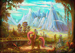 Size: 3508x2480 | Tagged: safe, artist:jowyb, fluttershy, pegasus, pony, squirrel, bag, building, cloud, mountain, open mouth, photoshop, scenery, signature, sky, solo, tree, wacom