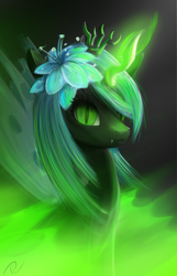 Size: 1080x1679 | Tagged: safe, artist:yunnecora, queen chrysalis, changeling, changeling queen, eyelashes, fangs, flower, flower in hair, glowing horn, green fire, lidded eyes, looking at you, magic, portrait, slit eyes, smiling, solo