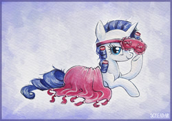 Size: 1200x846 | Tagged: safe, artist:scheadar, rarity, pony, unicorn, blanket, clothes, cute, looking at you, nightgown, raribetes, sleep mask, sleepy, solo, traditional art