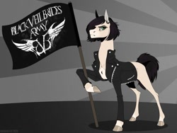 Size: 800x600 | Tagged: safe, artist:dementra369, oc, earth pony, pony, black veil brides, clothes, flag, looking at you, monochrome, ponified, solo