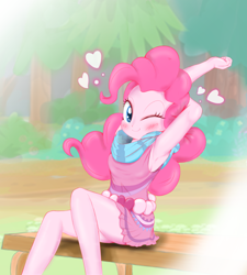 Size: 4500x5000 | Tagged: safe, artist:fromamida, pinkie pie, equestria girls, legend of everfree, absurd resolution, armpits, bench, blushing, camp fashion show outfit, clothes, cute, diapinkes, heart, legs, looking at you, one eye closed, pleated skirt, scarf, sitting, skirt, skirt lift, smiling, solo, thighs, wink