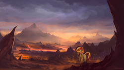 Size: 1920x1080 | Tagged: safe, artist:shamanguli, sunset shimmer, pony, unicorn, lava, mountain, scenery, scenery porn, solo, wallpaper