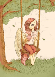 Size: 2089x2910 | Tagged: safe, artist:nightskrill, oc, oc only, anthro, pegasus, unguligrade anthro, anthro oc, clothes, female, leaves, mare, pants, shirt, solo, spread wings, swing, tree