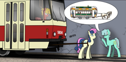 Size: 969x475 | Tagged: safe, artist:subway777, bon bon, lyra heartstrings, sweetie drops, oc, oc:tatra, bon bon is not amused, eyes closed, harness, pony pulls the wagon, tram