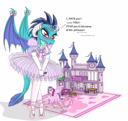 Size: 3500x3300 | Tagged: safe, artist:avchonline, princess ember, dragon, ballerina, ballet slippers, blushing, canterlot royal ballet academy, castle, clothes, dress, embarrassed, evening gloves, gloves, jewelry, teacup, teapot, tiara, tights, tomboy taming, toy, tsundember, tsundere, tutu