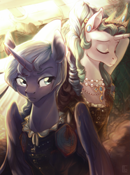 Size: 913x1227 | Tagged: safe, artist:locksto, princess celestia, princess luna, alicorn, pony, :, alternate hairstyle, braid, clothes, crossover, crown, dress, ear piercing, eyes closed, female, frown, glare, jewelry, lidded eyes, mare, necklace, pearl necklace, piercing, regalia, serious, sitting, spread wings, the witcher, wing fluff, wings