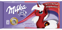 Size: 380x186 | Tagged: safe, artist:kotelen, oc, oc only, oc:flame implosion, pony, unicorn, chocolate, food, milka, polish, red, solo