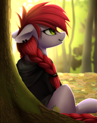 Size: 3148x4000 | Tagged: safe, artist:wingedwolf94, oc, oc only, oc:crab apple, earth pony, pony, beautiful, braid, clothes, digital painting, ear piercing, earring, featured image, female, floppy ears, fluffy, forest, freckles, grin, hoodie, jewelry, lidded eyes, lineless, looking up, mare, nature, piercing, realistic, scenery, sitting, smiling, solo, tree
