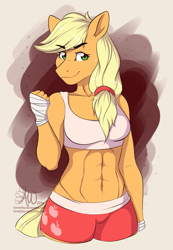 Size: 1125x1626 | Tagged: safe, artist:fairdahlia, applejack, anthro, earth pony, pony, abs, applejacked, athletic tape, clothes, looking at you, midriff, muscles, shorts, solo, sports bra, sports shorts