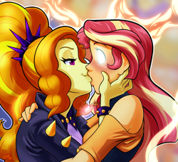 Size: 1100x1000 | Tagged: safe, artist:shaxbert, adagio dazzle, sunset shimmer, equestria girls, bedroom eyes, blank eyes, blushing, clothes, female, geode of empathy, glowing eyes, hand on head, hands on head, holding head, kissing, lesbian, magical geodes, shipping, sunsagio