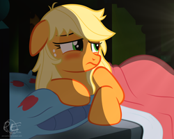 Size: 2000x1600 | Tagged: safe, artist:ponyecho, part of a set, applejack, earth pony, pony, bed, bed hair, blushing, cute, female, floppy ears, freckles, frown, hatless, mare, messy mane, missing accessory, morning ponies, ponyecho is trying to murder us, prone, show accurate, solo, sunrise, tired