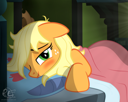 Size: 2000x1600 | Tagged: safe, artist:ponyecho, part of a set, applejack, earth pony, pony, bed hair, blushing, cute, female, floppy ears, freckles, hatless, jackabetes, mare, messy mane, missing accessory, morning ponies, one eye closed, ponyecho is trying to murder us, show accurate, smiling, solo, tired