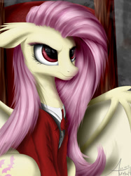Size: 2160x2881 | Tagged: dead source, safe, artist:aurelleah, fluttershy, bat pony, pony, alushy, angry, badass, clothes, crossover, detailed, flutterbadass, flutterbat, frown, glare, looking away, race swap, realistic, reflection, solo, throne