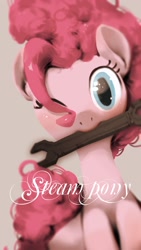 Size: 1080x1920 | Tagged: safe, artist:ciyunhe, pinkie pie, earth pony, pony, looking at you, mouth hold, one eye closed, solo, wink, wrench