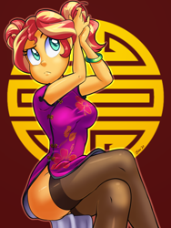 Size: 900x1200 | Tagged: safe, artist:shaxbert, sunset shimmer, equestria girls, alternate hairstyle, breasts, cheongsam, clothes, crossed legs, female, hair bun, odango, schrödinger's pantsu, shimmerbetes, shou, solo