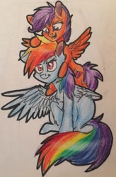 Size: 1646x2510 | Tagged: safe, artist:snowfoxythefox, rainbow dash, scootaloo, pegasus, pony, the cart before the ponies, chest fluff, colored, colored pencil drawing, colored sketch, cute, dashabetes, hnnng, pencil, pencil drawing, scootalove, simple background, sisters, smiling, traditional art