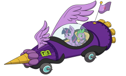 Size: 2000x1200 | Tagged: safe, artist:itstaylor-made, spike, twilight sparkle, twilight sparkle (alicorn), alicorn, dragon, pony, the cart before the ponies, cart, dick dastardly, eating, gem, grin, muttley, nom, puffy cheeks, simple background, smiling, smirk, the mean machine, transparent background, wacky races, wings