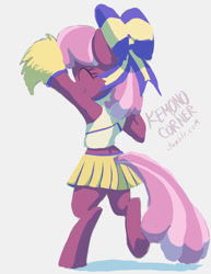 Size: 612x792 | Tagged: safe, artist:raikoh, cheerilee, earth pony, pony, the cart before the ponies, bow, cheerileeder, cheerleader, clothes, eyes closed, female, hair bow, mare, midriff, skirt, smiling, solo