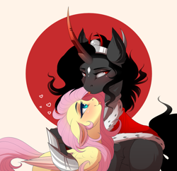Size: 2181x2114 | Tagged: safe, artist:evehly, fluttershy, king sombra, queen umbra, pegasus, pony, unicorn, :p, curved horn, cute, embarrassed, female, floppy ears, frown, half r63 shipping, heart, hug, lesbian, lidded eyes, looking away, mare, prone, raised hoof, rule 63, rule63betes, shipping, shyabetes, silly, simple background, size difference, smiling, sombradorable, sombrashy, tongue out, umbradorable, umbrashy, white background