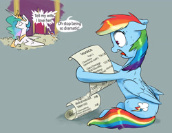 Size: 3300x2550 | Tagged: safe, artist:silfoe, princess celestia, rainbow dash, alicorn, pegasus, pony, 28 pranks later, big ol' pile o' scrolls, bill, dialogue, female, floppy ears, male, mare, open mouth, reality ensues, royal guard, shrunken pupils, speech bubble, speedpaint, stallion, sweat, this will end in bankruptcy, wide eyes