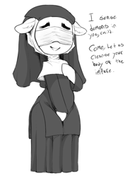 Size: 691x941 | Tagged: safe, artist:whydomenhavenipples, oc, oc only, pony, bipedal, blindfold, clothes, eldritch abomination, female, grayscale, imminent disaster, imminent rape, imminent sex, it's a trap, mare, monochrome, nun, nun outfit, simple background, solo, this will end in rape, white background