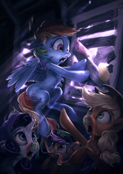 Size: 1020x1440 | Tagged: safe, artist:assasinmonkey, applejack, rainbow dash, rarity, scootaloo, earth pony, pegasus, pony, unicorn, zombie, 28 pranks later, cookie zombie, crepuscular rays, crying, female, filly, filly guides, infected, mare, open mouth, scene interpretation