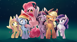 Size: 1833x1011 | Tagged: safe, artist:locksto, applejack, fluttershy, pinkie pie, rainbow dash, rarity, twilight sparkle, twilight sparkle (alicorn), alicorn, classical unicorn, earth pony, pegasus, pony, unicorn, armpits, big ears, cloven hooves, ear fluff, eyes closed, grin, jumping, leonine tail, mane six, one eye closed, smiling, unshorn fetlocks, wink