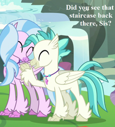 Size: 648x720 | Tagged: safe, edit, edited screencap, screencap, silverstream, terramar, classical hippogriff, hippogriff, student counsel, brother and sister, cropped, cute, diastreamies, eyes closed, female, jewelry, male, maud's cave, necklace, siblings, speech, talking, terrabetes, waterfall