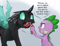 Size: 3300x2550 | Tagged: safe, artist:silfoe, spike, thorax, changeling, dragon, the times they are a changeling, alternate ending, dialogue, fangs, forked tongue, frown, glare, grabbing, hissing, long tongue, male, open mouth, spike is not amused, tongue holding, tongue out, unamused, wide eyes