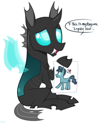Size: 1945x2416 | Tagged: safe, artist:higglytownhero, thorax, oc, oc only, changeling, crystal pony, pony, the times they are a changeling, crystal hoof, cute, cuteling, dialogue, disguise, disguised changeling, drawing, fangs, holding, hoof hold, male, open mouth, paper, ponysona, simple background, smiling, solo, speech bubble, thorabetes, white background
