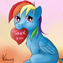 Size: 1500x1500 | Tagged: safe, artist:winternachts, rainbow dash, pegasus, pony, cute, dashabetes, female, heart, mare, sitting, solo, thank you