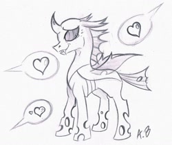 Size: 1561x1312 | Tagged: safe, artist:rossmaniteanzu, thorax, changeling, the times they are a changeling, crying, grayscale, heart, male, monochrome, offscreen character, pictogram, solo, speech bubble, traditional art