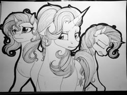 Size: 1632x1224 | Tagged: safe, artist:lupiarts, starlight glimmer, sunset shimmer, trixie, pony, unicorn, eyes closed, female, floppy ears, grayscale, hoers, lidded eyes, magical trio, mare, monochrome, sad, sketch, traditional art, twilight's counterparts