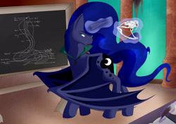 Size: 2964x2083 | Tagged: safe, artist:twigpony, princess luna, alicorn, bat pony, bat pony alicorn, pony, snake, anatomy, chalkboard, classroom, female, implied twilight sparkle, lunabat, magic, mare, moonbat, race swap, skull, solo, teaching, telekinesis