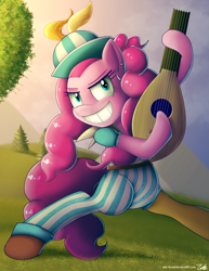 Size: 1275x1650 | Tagged: safe, artist:zelc-face, pinkie pie, earth pony, pony, dungeons and discords, bard, bard pie, belt, clothes, fantasy class, female, grass, hat, mare, musical instrument, pants, signature, smiling, solo, that was fast, tree