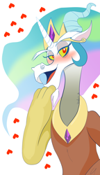 Size: 1000x1739 | Tagged: safe, artist:klondike, discord, dungeons and discords, discord's celestia face, heart, solo