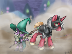 Size: 2326x1755 | Tagged: safe, artist:gaelledragons, big macintosh, spike, unicorn, dungeons and discords, dungeons and dragons, garbuncle, hat, ogres and oubliettes, race swap, sir mcbiggen, staff, unicorn big mac, wizard hat