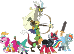 Size: 4132x3000 | Tagged: safe, artist:uponia, big macintosh, discord, pinkie pie, rainbow dash, spike, earth pony, pony, unicorn, dungeons and discords, .svg available, absurd resolution, arrow, bard, bard pie, bow (weapon), bow and arrow, captain wuzz, dungeons and dragons, fantasy class, garbuncle, magic, male, ogres and oubliettes, parsnip, race swap, rainbow rogue, rogue, roleplaying, simple background, sir mcbiggen, staff, stallion, sword, transparent background, trine, unicorn big mac, vector, weapon