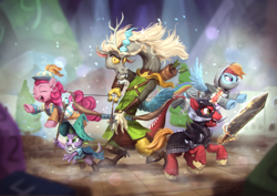 Size: 1920x1360 | Tagged: safe, artist:assasinmonkey, big macintosh, discord, pinkie pie, rainbow dash, spike, draconequus, dragon, earth pony, pegasus, pony, unicorn, dungeons and discords, adventuring party, arrow, bard, bard pie, bow (weapon), bow and arrow, captain wuzz, clothes, dungeons and dragons, eyes closed, fantasy class, female, flying, garbuncle, group, hat, magic, male, mare, ogres and oubliettes, open mouth, parsnip, race swap, rainbow rogue, rogue, roleplaying, scene interpretation, signature, sir mcbiggen, staff, stallion, sword, unicorn big mac, weapon, wizard, wizard hat
