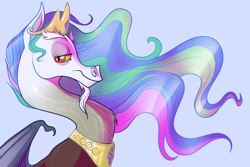 Size: 1024x683 | Tagged: safe, artist:loryska, discord, dungeons and discords, discord's celestia face, jewelry, regalia, solo