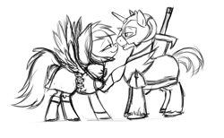 Size: 2600x1600 | Tagged: safe, artist:vistamage, big macintosh, rainbow dash, pegasus, pony, unicorn, dungeons and discords, bedroom eyes, female, grayscale, lip bite, looking at each other, male, mare, monochrome, profile, race swap, rainbow rogue, rainbowmac, shipping, simple background, sir mcbiggen, sketch, spread wings, stallion, straight, unicorn big mac, white background, wings