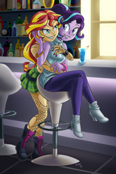 Size: 800x1200 | Tagged: safe, alternate version, artist:shaxbert, starlight glimmer, sunset shimmer, human, equestria girls, bar, boots, clothes, crossed legs, female, fishnet stockings, high heel boots, high heels, hilarious in hindsight, hug, hug from behind, lesbian, lipstick, midriff, nana (series), pantyhose, shimmerglimmer, shipping, skirt