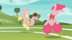 Size: 858x477 | Tagged: safe, screencap, fluttershy, pinkie pie, earth pony, pegasus, pony, buckball season, animated, balancing, bouncing, clothes, cute, diapinkes, discovery family logo, duo, eyes closed, flying, fun, gif, grin, handstand, jersey, juggling, open mouth, pinktails pie, prehensile tail, smiling, talking, upside down